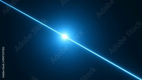 A vivid blue laser beam intersects the image at a sharp angle against black background
