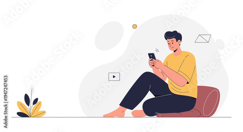 Man Sitting on Floor Using Smartphone, Minimalist Illustration, Relaxed Lifestyle