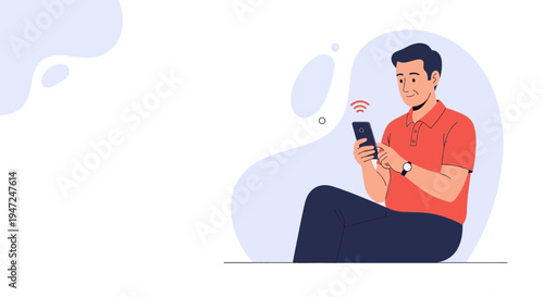 Man Using Smartphone, Connected to Wi-Fi, Relaxed Pose, Modern Flat Illustration