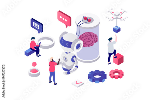 Artificial intelligence 3d isometric concept in geometry graphic design for web. People working with AI and robots technology, creating brain neural network and machine learning. Illustration.