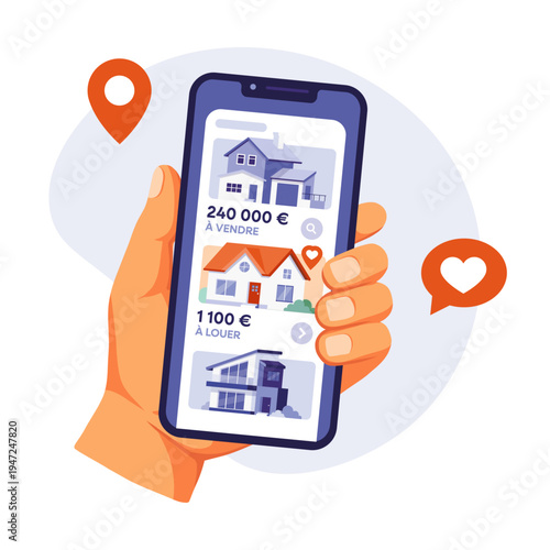 Recherche de bien immobilier sur application mobile, main tenant un smartphone avec annonce de maison