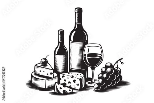 wine bottles and glass with cheese and grapes assortment still life artistic engraving illustration good food and drink leisure lifestyle luxury relaxation vintage style