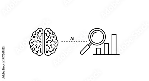 AI analyzing data with magnifying glass and bar chart, representing machine learning and business intelligence.