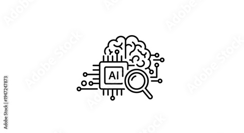 AI Brain Chip with Magnifying Glass Icon: Artificial Intelligence, Machine Learning, Data Analysis Concept