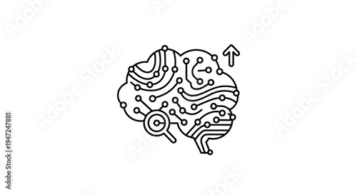 AI Brain Circuitry with Magnifying Glass and Upward Arrow Icon