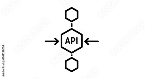 API Integration Concept: Hexagonal Icons Connected to Central API Hub