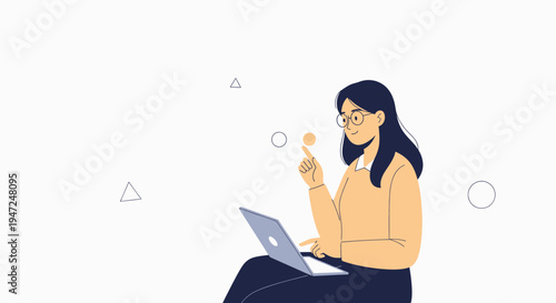 Young woman with glasses working on a laptop, pointing at a glowing dot, minimalist design
