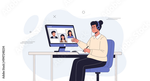 Man in headset on video call with colleagues, remote work, online meeting