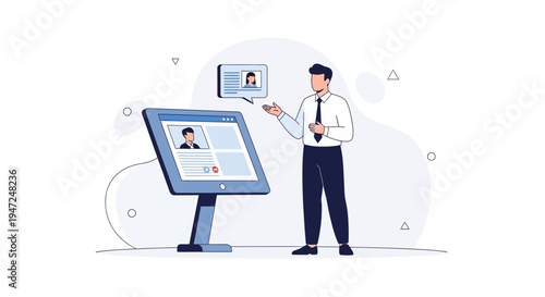 Man presenting digital profile on interactive screen, HR technology concept