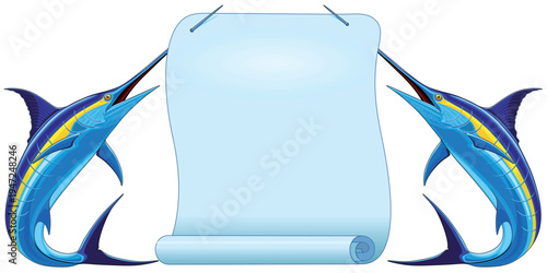 Two Blue Marlin Fish holding a Banner Fishing Advertisement Poster with their Swords Vector Graphic Design. High Quality editable Design.