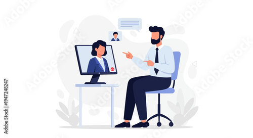 Business meeting online: man video calls with female colleague on computer screen