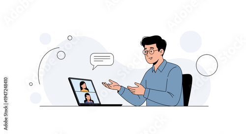 Man in video call with colleagues, remote work, online meeting, business communication
