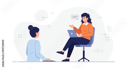 Two women in a meeting, one with a laptop, discussing ideas, business concept