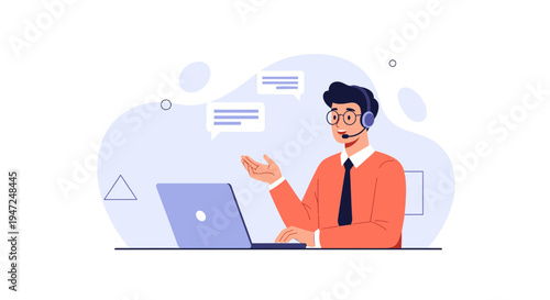 Customer support agent with headset and laptop, communication and online service concept