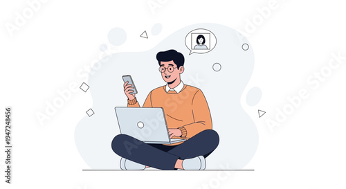 Man with laptop and phone thinking about a profile picture, remote work concept
