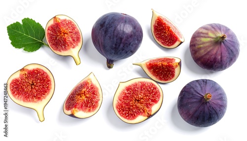 Overhead composition of fresh figs, whole and sliced, with a green leaf against a plain white background