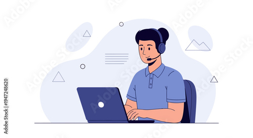 Customer service agent with headset working on laptop, flat illustration style