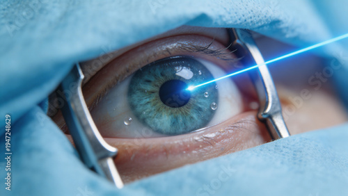 Extreme macro photography of a human eye undergoing a laser vision correction procedure. The precise blue laser beam is actively targeting the cornea during surgery.