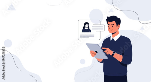 Man with tablet looking at profile on screen, digital profile, online resume, job search