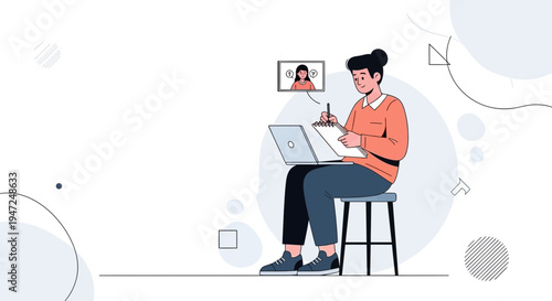 Student learning online, taking notes during video call, remote education concept