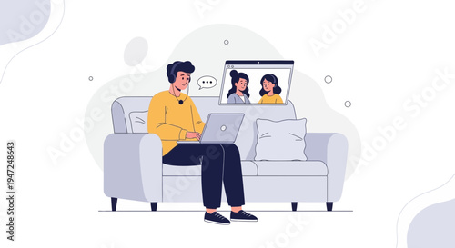 Man on Sofa with Laptop Video Calling Friends, Remote Work Concept