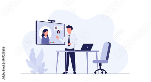 Man in Office Video Conferencing with Colleagues on Screen