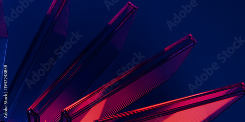 Cyber elements made of transparent glass and liquid acrylic purple blue glow on black backdrop cinematic tech background design cover art visuals 3d rendering