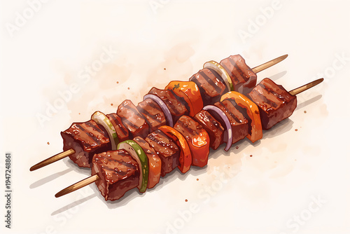 Skewers with pieces of grilled meat and colorful vegetables are ready to be enjoyed. The food shows a variety of ingredients including onion, bell pepper, and seasoning.