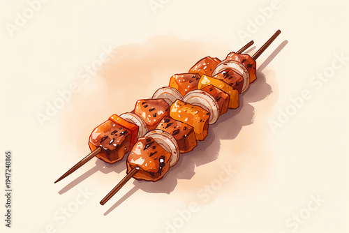 The illustration shows a skewered dish featuring grilled meat pieces mixed with vegetables. Each piece is cut into cubes and arranged on wooden sticks, presenting a tasty meal.