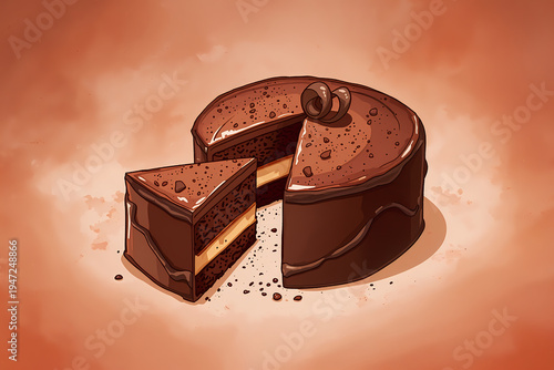 A chocolate cake sits on a plain background. A slice has been cut out, revealing layers inside. The cake is detailed with frosting and chocolate bits, making it look appetizing.