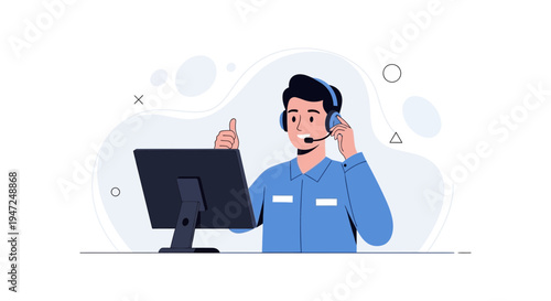 Customer service agent with headset giving thumbs up near computer, positive feedback concept