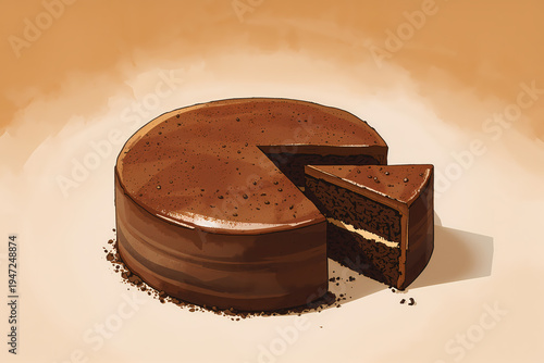 A chocolate cake is shown with a slice removed, revealing layers inside. The setting has a warm tone, highlighting the dessert. The scene captures a sweet moment for dessert lovers.