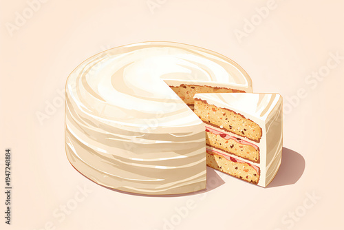 Cake sits on a light background, displaying soft icing. A piece is cut out, revealing layers of sponge and filling. This dessert is perfect for celebrations and gatherings.