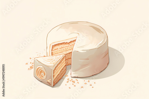 A cake with a smooth frosting sits on a clean surface. A slice has been cut and is placed beside the whole cake. Cake crumbs are scattered around. The setting is bright and cheerful.