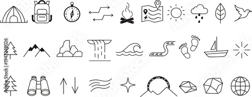 Camping and nature line icon set with tent backpack compass campfire map sun cloud tree mountains waterfall footprints and globe
