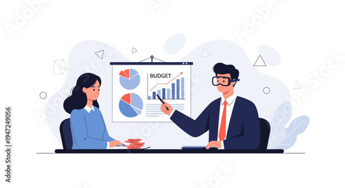 Business meeting: man in VR headset presents budget charts to woman