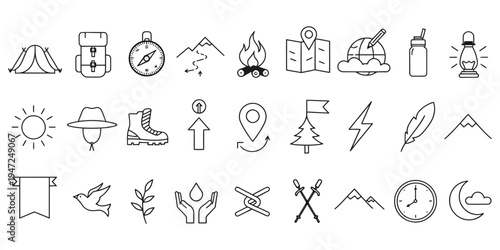 Camping and outdoor adventure line icon set with tent backpack compass campfire map mountains and nature elements