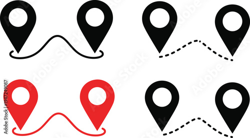 Location pin route icons set, map navigation markers with path lines, GPS direction symbols vector illustration collection