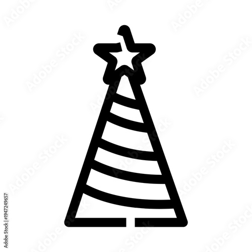 Party hat with star topper in a minimal black and white outline icon, representing celebration, birthday, holiday and festive events, simple symbol for joy and congratulations
