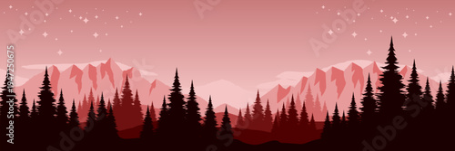 Wide screen dark wilderness banner featuring coniferous forest and night sky copy space