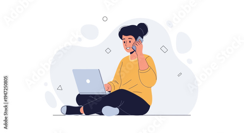 Young woman working on laptop and talking on phone, sitting cross-legged on floor