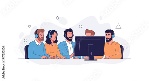Teamwork in office, people wearing headphones looking at computer screen