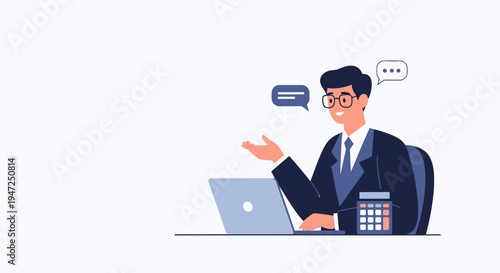 Businessman talking on laptop, calculator and chat bubbles, business communication concept