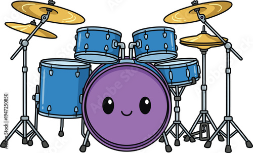 Cute cartoon drum set with smiling bass drum, blue toms and golden cymbals isolated on white background, playful percussion musical instrument illustration for kids music design