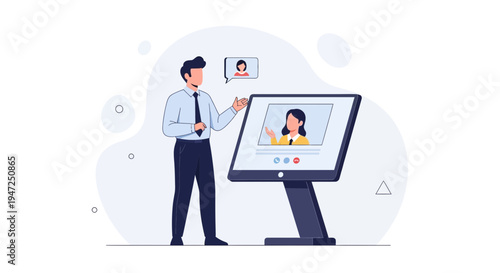 Man in business meeting using video conference on a large screen monitor