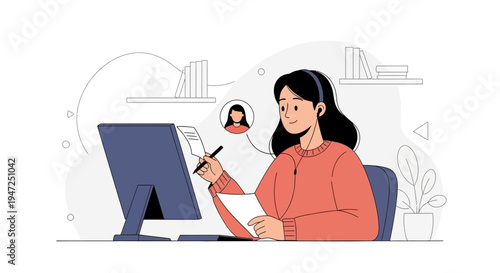 Young woman with headset working on computer, online communication, remote work, e-learning concept