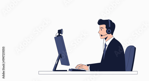 Man in headset working on computer, customer support, online communication, remote work