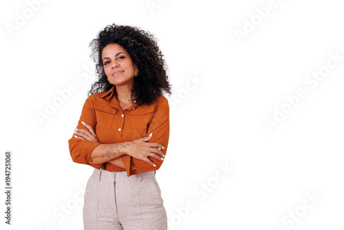 Smiling woman with crossed arms showing confidence and positive attitude, standing against a transparent background