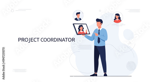 Project Coordinator presenting team members on screen, business concept illustration