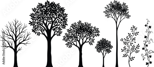 Collection of diverse tree and plant silhouettes, vector illustration of leafless, broadleaf, conifer, vine, shrub forms, flat vector illustration